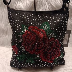 Elegant Black Crossbody Bag with Red Floral Design